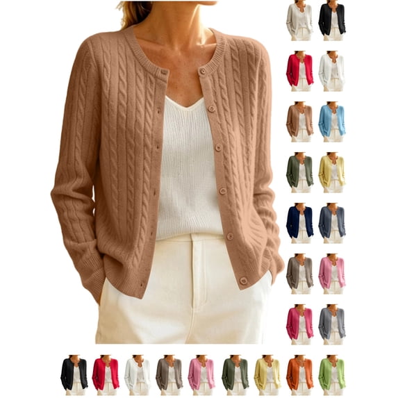 YgkuHd Womens Sweaters Cardigan Crewneck Knit Button Down Cotton Blend Blouses Solid Long Sleeve Casual Tops Warm Sweaters for Women_Khaki,M