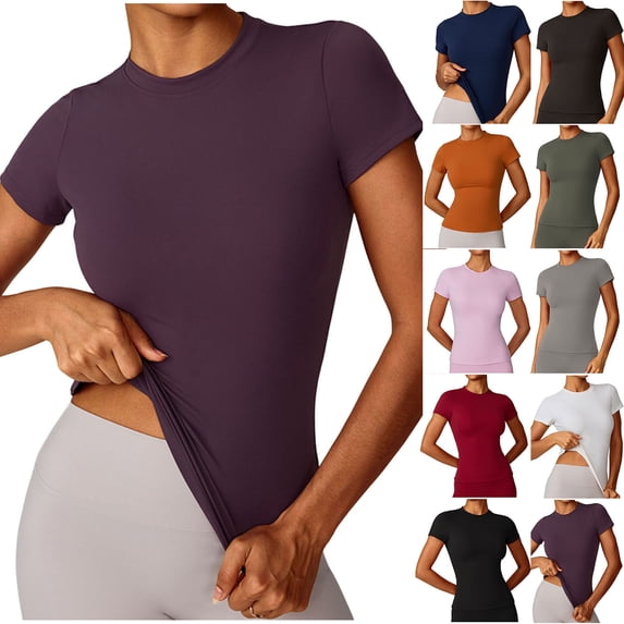 YgkuHd Womens Workout Tops Women's Buttery Soft Crew Neck Short Sleeve T-Shirt | Slim Fit Moisture Wicking Active Tee for Yoga, Workout & Casual Everyday Wear