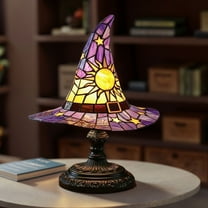Yucurem Halloween Decoration - Witch LED Hat Lamp Stained Glass, Handmade Gothic Witch Hat Night Light for Indoor Party & Spooky Halloween Party Decorations (Purple)