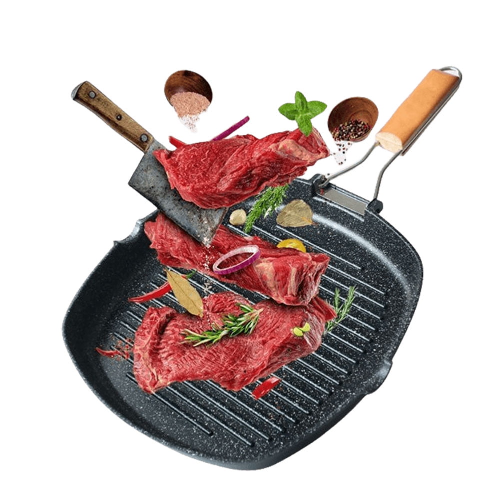 Yguping Nonstick Grilling Pan Foldable Wooden Handle Grill Skillet