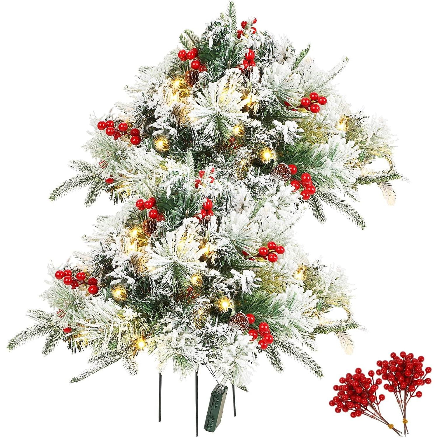 YhbSmt 2 Pcs 22 Inch Lighted Artificial Christmas Tree Urn Filler Prelit Xmas Trees with Cones