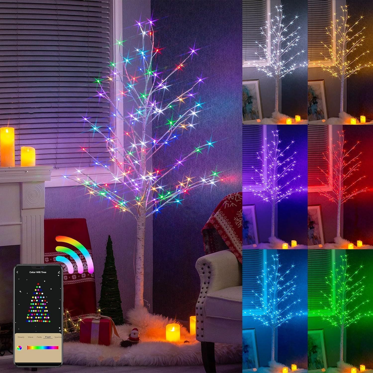 YhbSmt Multicolor Lighted Birch Tree, Color Changing RGB Lights 9
