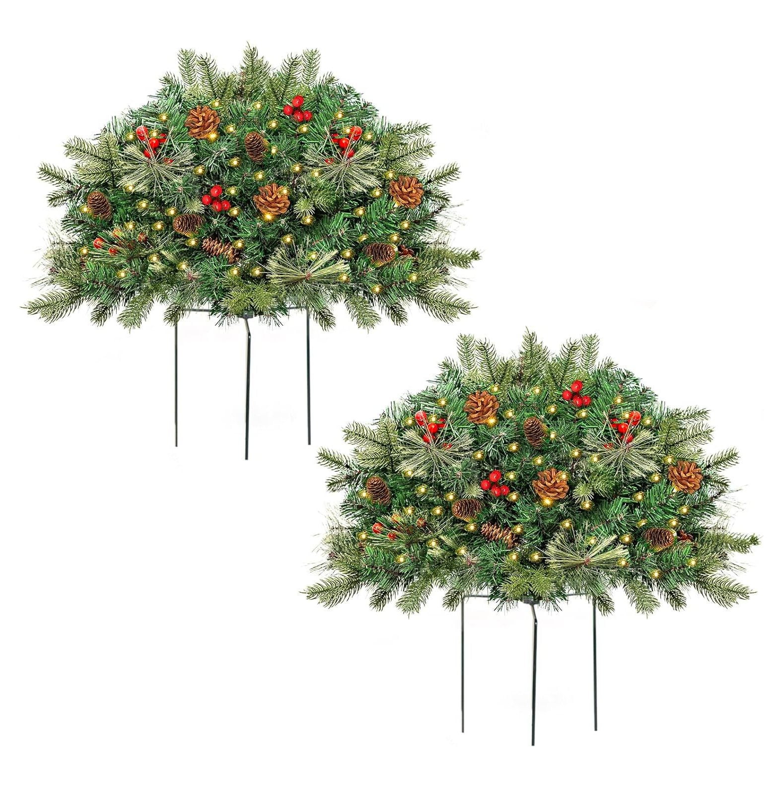 YhbSmt Outdoor Christmas Tree Frosted Urn Filler 2 Set, Prelit Artificial Xmas Tree with Cones