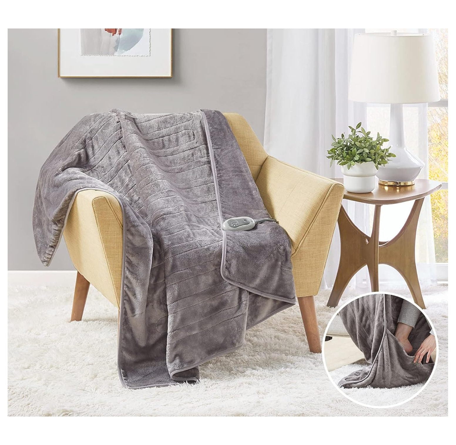 YhbSmt Plush Heated Throw Blanket with Foot Pocket for Adults Electric Pedi Pockets Blankets W