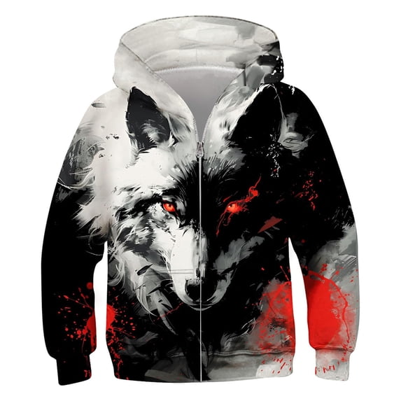 Yhhting Boys Zip Up Hoodie 3D Wolf Print Long Sleeve Jacket Sweatshirts Fall Winter Loose Warm Kids Coat Outwear