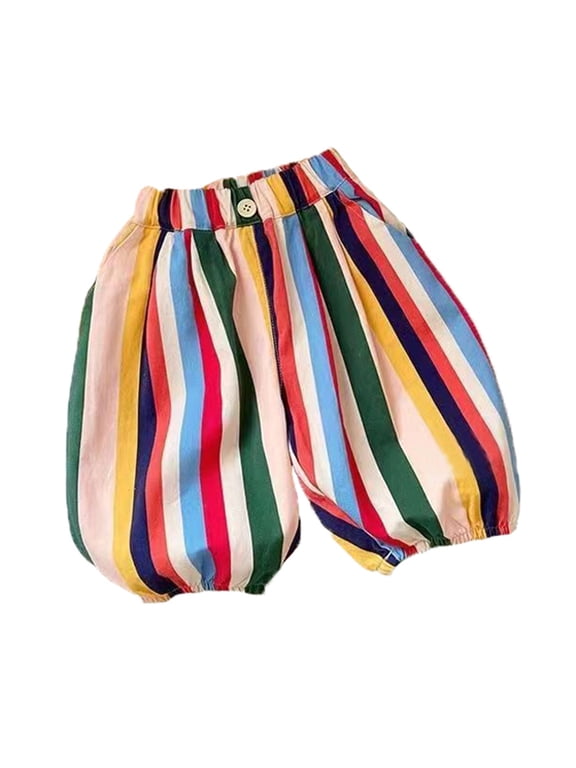 Toddler Girls Rainbow Striped Pants High Waisted Loose Fit Casual Trousers With Pockets For Girls