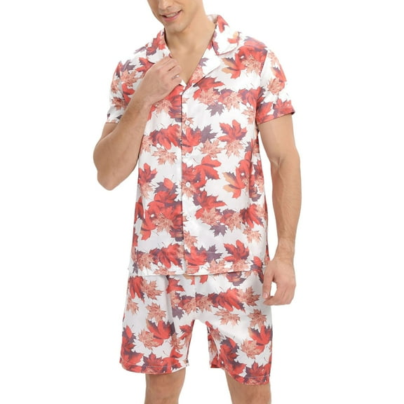 Yhkghxis Men's Satin Slik Shorts Pajamas Sets, Classic Short Sleeve Button Down Lapel Shirts Sleepwear Lounge Sets
