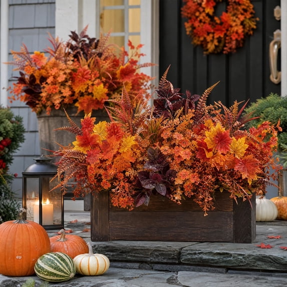 Yhmxh 12 Bundles Artificial Fall Floral Flowers for Outdoors, Mixed Assorted Autumn Plants Picks with Maple Leaves, UV Resistant Thanksgiving Harvest Decor Bouquet Kit for Home Garden Porch Pot