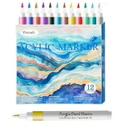 Yhmxh 12 Colors Acrylic Paint Markers Brush Tip for Wood Fabric Ceramic, Water-Based No-Bleed Marker Art Pens for Christmas Halloween Birthday Party DIY Drawing Coloring Markers
