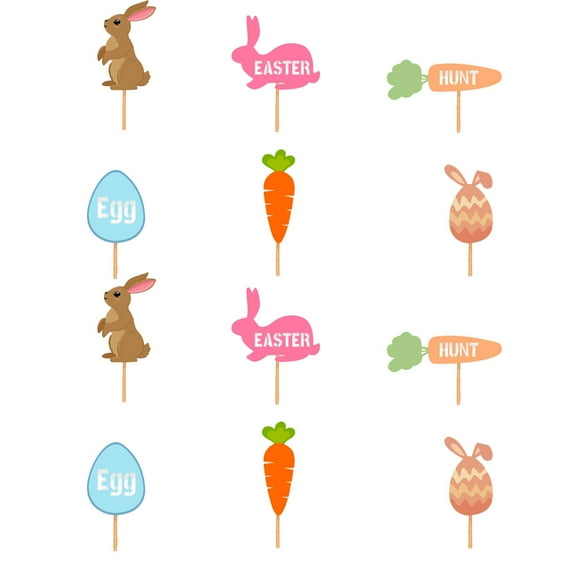 Yhmxh 12 PCS Easter Bunny Cake Ornaments, Food-Grade Paper Easter Themed Cupcake Toppers with Easter Carrot, Bunny and Egg Pattern, Spring Theme Birthday Cake Decor Party Favor Supplies