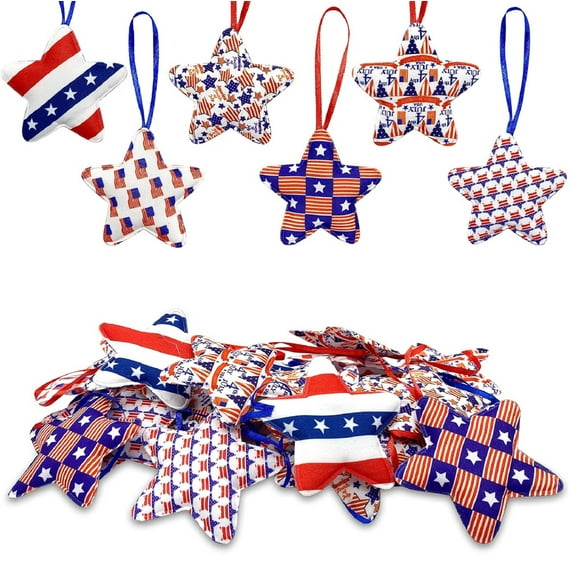 Yhmxh 12 Pcs 4th of July Hanging Decoration Fabric Wrapped Stars, 2.7 x 5.3 Inch Patriotic Ornaments Red White and Blue Stars, Memorial Day Tree Decorations for Independence Day Veterans Day Decor