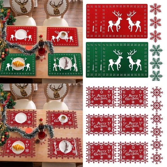 Yhmxh 12PCS Christmas Placemats Set with Coaster Mats, Rectangular Reindeer Red Place Mats Snowflake Coaster Mats, Waterproof Table Mats Non-Slip Placemat for Xmas Party Holiday Dining Supplies
