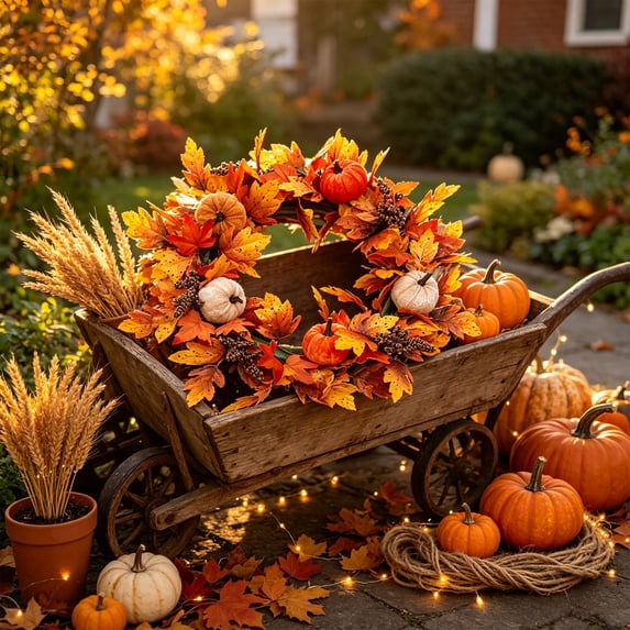 Yhmxh 18 Inch Fall Wreath for Front Door Decor, Artificial Maple Leaves Pumpkins Sunflower Wreath Decor, Farmhouse Autumn Harvest Wreath for Window Porch Thanksgiving & Outdoor Decor