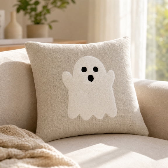 Yhmxh 18x18 Inch Halloween Ghost Throw Pillow Cover, Linen Square Cushion Case with Cute Ghost Pattern, Farmhouse Decorative Pillowcase for Sofa Couch Bed Living Room Indoor Fall Home Decor