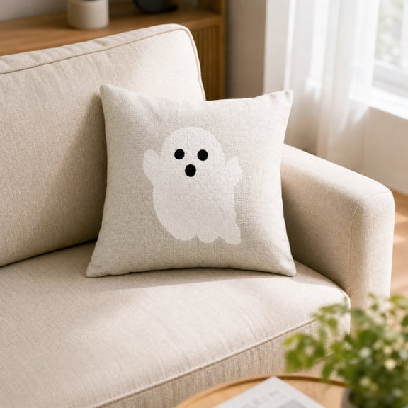 Yhmxh 18x18 Inch Halloween Ghost Throw Pillow Cover, Linen Square Cushion Case with Cute Ghost Pattern, Farmhouse Decorative Pillowcase for Sofa Couch Bed Living Room Indoor Fall Home Decor