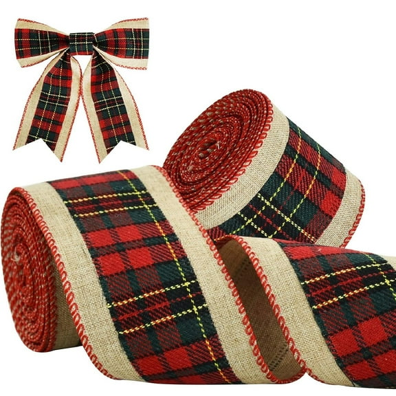 Yhmxh 2.5 Inch Plaid Check Burlap Ribbon, Christmas Checkered Plaid Ribbon Burlap Wired Ribbon Christmas Gift Wrapping Ribbon for Crafts Ornament Wrapping, Bows Making, Room and Party Decoration