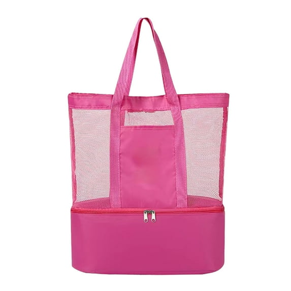 Yhmxh 2-IN-1 Mesh Beach Bag With Cooler for Women, Waterproof Sandproof Tote Bag With Cooler Compartment, Mesh Tote Bags with Zipper and Handle for Swim Pool Travel Picnic (Hot Pink)