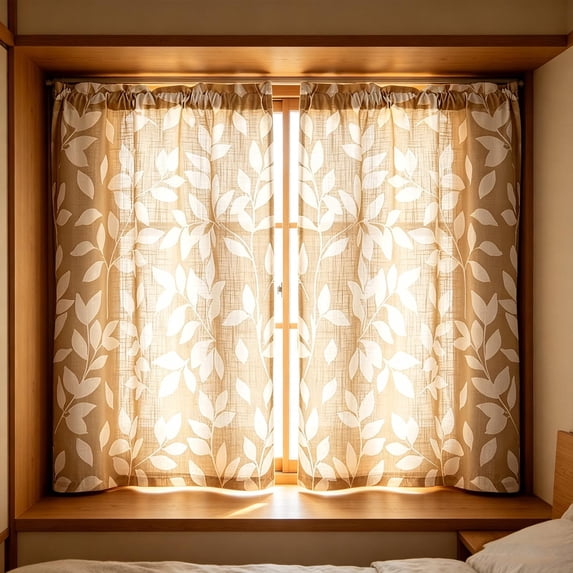Yhmxh 2 Panels Leaf Tier Curtains for Kitchen, Rod Pocket Short Sheer Curtains, Boho Leaf Pattern Light Filtering Semi‑Sheer Drapes, Farmhouse Window Curtains for Kitchen Bedroom Bathroom Decor