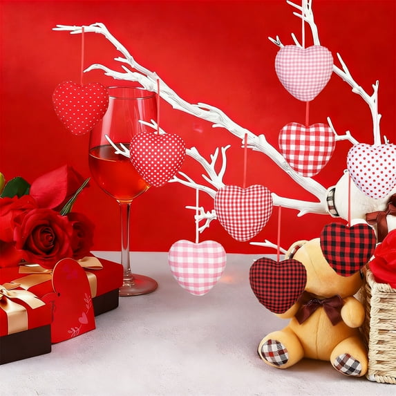 Yhmxh 2 Pieces Fabric Heart Hanging Ornaments Valentines Heart Shaped Ornaments Red Pink Hearts Fabric Hanging Decorations for Valentine's Day Tree Wedding Party DIY Crafts