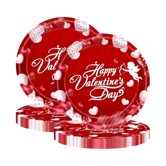 Yhmxh 20 Pcs Valentine's Day Party Red Heart Paper Plates Happy Valentine's Day Disposable Dinnerware Dessert Dinner Plate Set for Wedding Birthday Party Decoration Supplies 9 inch