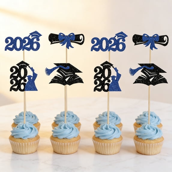 Yhmxh 2026 Graduation Cupcake Toppers, 24 PCS Glitter Grad Cap & Diploma Cake Picks, Food/Appetizer Picks For Graduation Party Mini Cake Decorations for Graduation Party Supplies