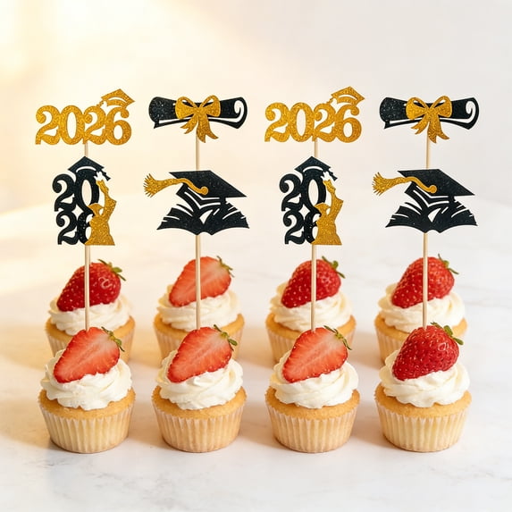 Yhmxh 2026 Graduation Cupcake Toppers, 24 PCS Glitter Grad Cap & Diploma Cake Picks, Food/Appetizer Picks For Graduation Party Mini Cake Decorations for Graduation Party Supplies