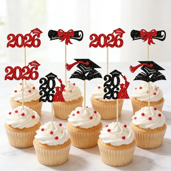 Yhmxh 2026 Graduation Cupcake Toppers, 24 PCS Glitter Grad Cap & Diploma Cake Picks, Food/Appetizer Picks For Graduation Party Mini Cake Decorations for Graduation Party Supplies