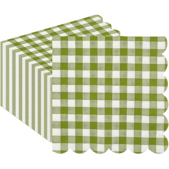 Yhmxh 20Pcs Sage Scalloped Gingham Paper Napkins, Sage Green and White Striped Luncheon Napkin, Checkered Dessert Napkins, Disposable Decorations Supplies for Birthday Baby Shower Wedding Party