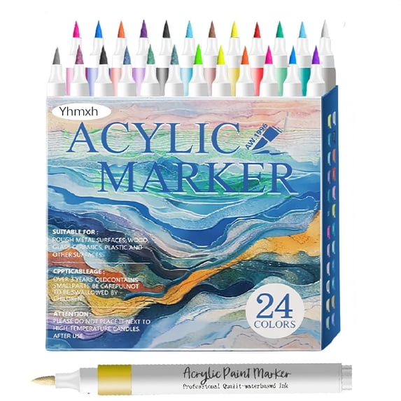 Yhmxh 24 Colors Acrylic Paint Markers Brush Tip for Wood Fabric Ceramic, Water-Based No-Bleed Marker Art Pens for Christmas Halloween Birthday Party DIY Drawing Coloring Markers