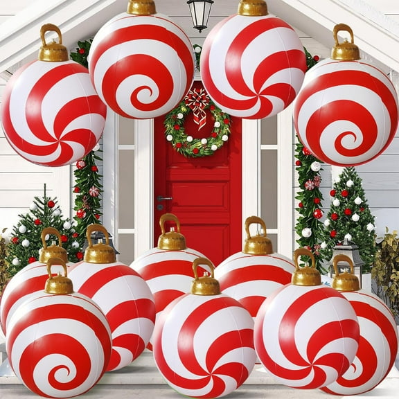 Yhmxh 24 Inch Giant Inflatable Christmas Ball Large Xmas Inflatable Ornaments PVC Outdoor Holiday Blow Ball Christmas Ball Ornaments Outside Yard Lawn Porch Decorations (Candy, Red White)