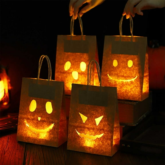 Yhmxh 2pcs Halloween Luminary Bags, Halloween Trick or Treat Paper Bags Light up Candle Bags,Pumpkin Candy Bucket LED Halloween Treating Baskets Reusable Goody Tote Bag for Halloween Party Decor