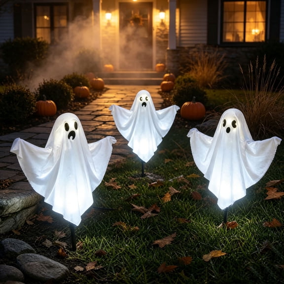 Yhmxh 3 Pack Light Up Ghost Stakes Halloween Decorations, Fabric Ghost Ground Stake Signs, Spooky Pathway Lights Ghost Lawn Ornaments for Outdoor Garden, Front Yard Halloween Party Decor