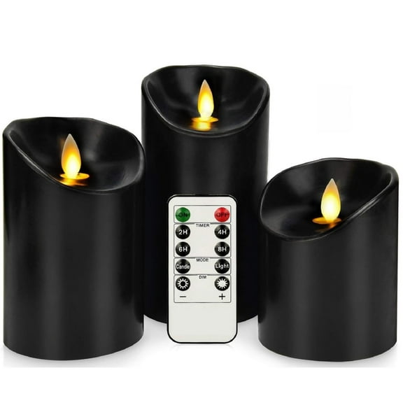 Yhmxh 3Pcs Black Flameless Flickering Candles with Remote Control, 3D Wick Realistic Battery Operated Real Wax LED Pillar Candles Set of 3 Home Wedding Party Halloween Decoration (D3"x H4"5"6")