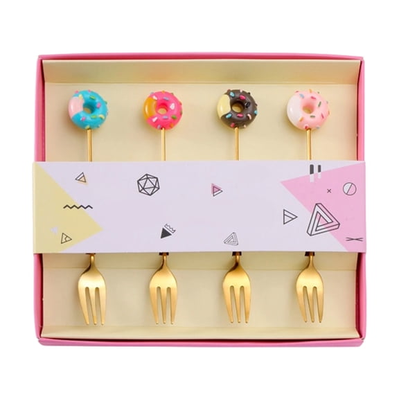 Yhmxh 4Pcs Stainless Steel Spoons and Fork, Cute Doughnut Coffee Spoon for Ice Cream, Donut Mixing Teaspoons Donut Stainless Steel Fork Dessert Fork Cake Fork Fruit Fork for Tableware Kitchen Tools