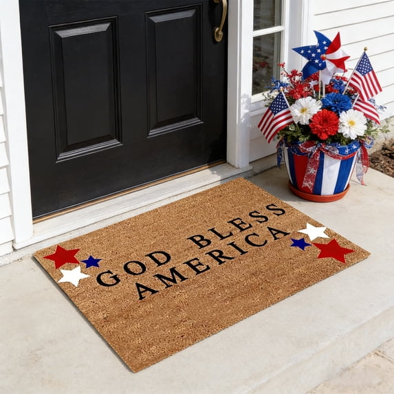 Yhmxh 4th of July Door Mat Patriotic Outdoor Coir Doormat 250th Anniversary Doormat Decor USA Stars Patriotic Floor Rug Red White and Blue Welcome Mat for Independence Day Porch Decor