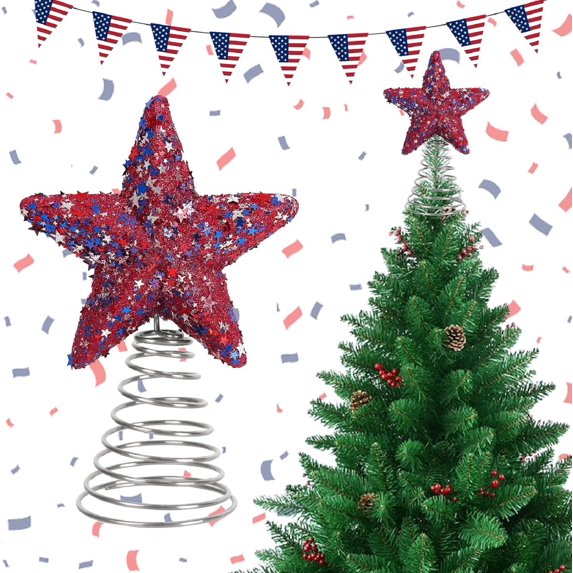 Yhmxh 4th of July Festive Glitter Tree Topper Star, Red White Blue Tree Topper Star with Sequins for Independence Day Theme Paty Supplies, Tree Star Ornaments for Christmas & Valentine's Day Decor