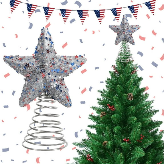 Yhmxh 4th of July Festive Glitter Tree Topper Star, Red White Blue Tree Topper Star with Sequins for Independence Day Theme Paty Supplies, Tree Star Ornaments for Christmas & Valentine's Day Decor