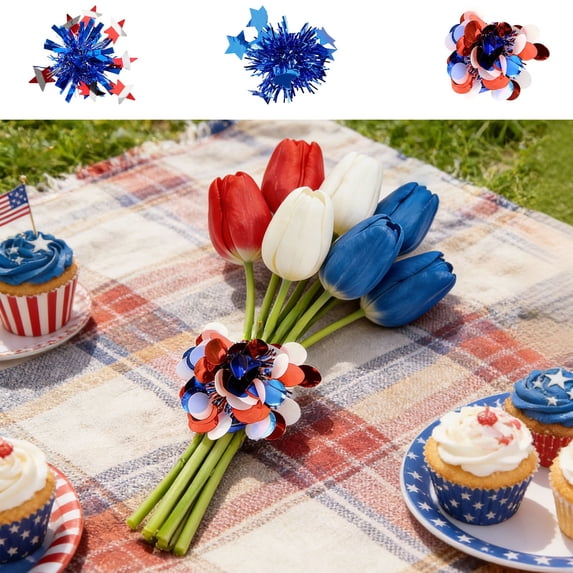 Yhmxh 4th of July Patriotic Tinsel Star Decor, 5.5" Red White Blue Firework Pom Pom Decorations for Independence Day, Memorial Day, Patriotic Party Supplies, Gift Wrapping, Table Centerpiece