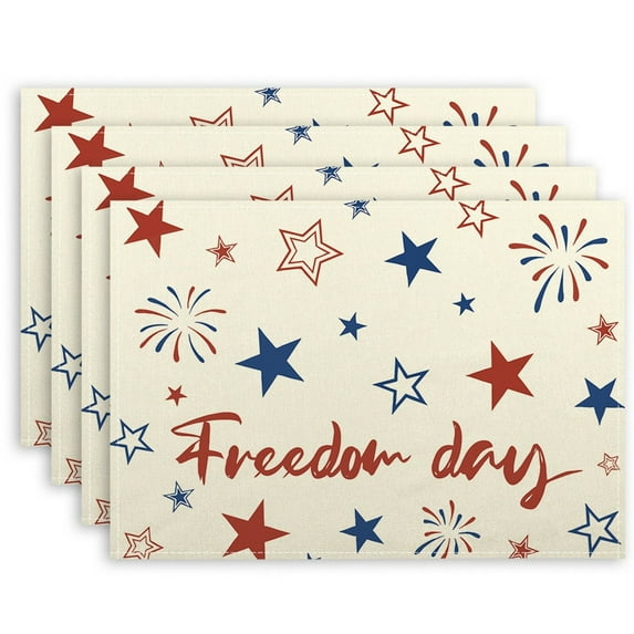 Yhmxh 4th of July Placemats Set of 4, Patriotic Linen Table Mats Independence Memorial Day Vintage America Flag Stars Fireworks Place Mats Table Decoration for Indoor Outdoor Party Kitchen Dining