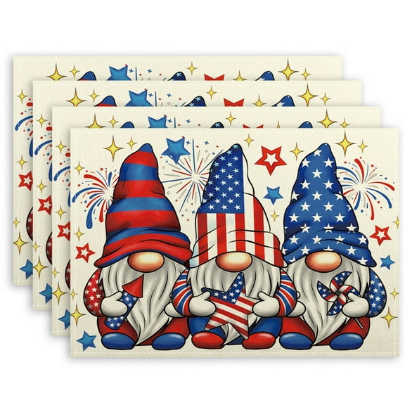 Yhmxh 4th of July Placemats Set of 4, Patriotic Linen Table Mats Independence Memorial Day Vintage America Flag Stars Fireworks Place Mats Table Decoration for Indoor Outdoor Party Kitchen Dining