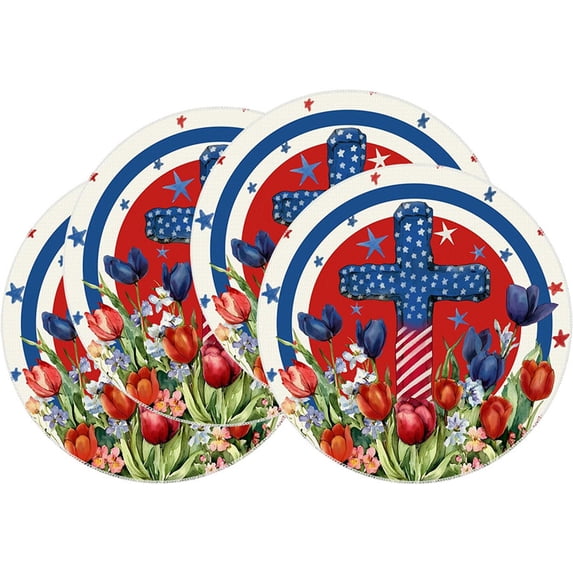 Yhmxh 4th of July Round Placemats Set of 4, American Flag Stars and Stripes Round Table Mats Set, 14 Inch Patriotic Memorial Day Round Place Mats for Independence Day Party Decoration, Dinner