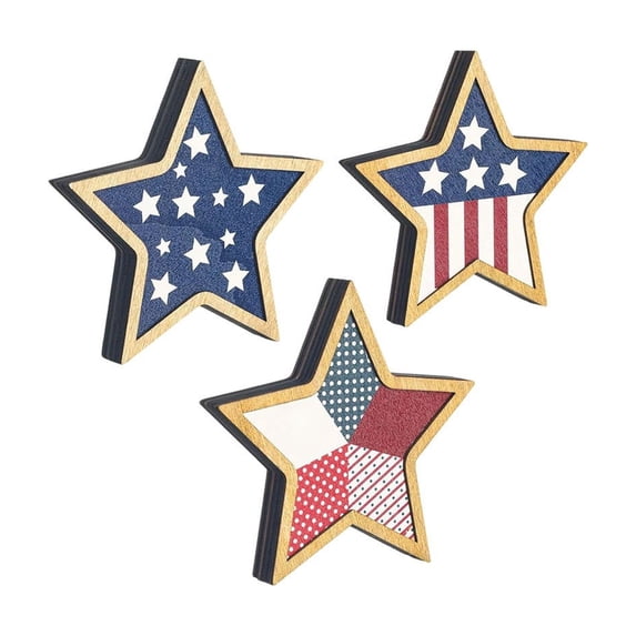 Yhmxh 4th of July Star Table Decor Patriotic Stars Stripes Wooden Sign American Flag Tiered Tray Table Centerpiece Farmhouse Wood Block Tabletop for Independence Day Memorial Day, 3Pcs