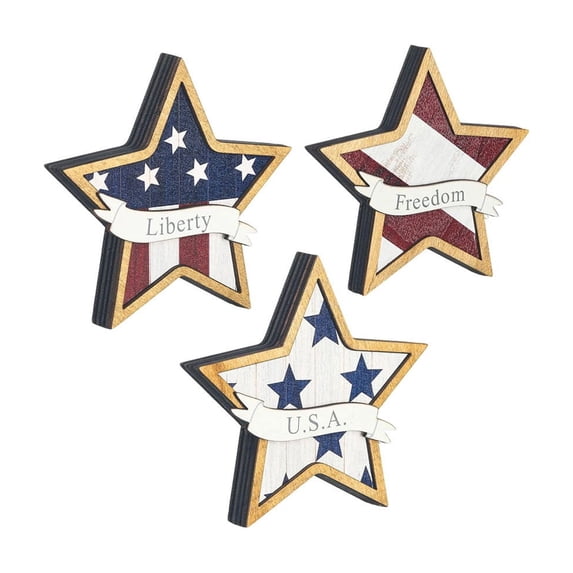 Yhmxh 4th of July Star Table Decor Patriotic Stars Stripes Wooden Sign American Flag Tiered Tray Table Centerpiece Farmhouse Wood Block Tabletop for Independence Day Memorial Day, 3Pcs