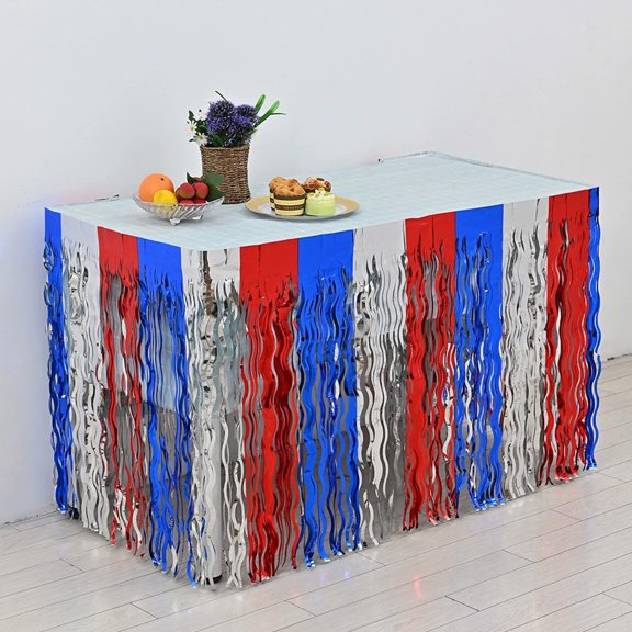 Yhmxh 4th of July Table Skirts Decoration, 108 x30 in Memorial Day Decor, Red White and Blue Table Skirts, Patriotic Metallic Foil Fringe Tinsel Table Skirts for Independence Memorial Veterans Day