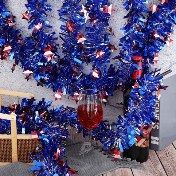 Yhmxh 4th of July Tinsel Garland Decoration, Red White Blue Star Metallic Tinsel Twist Garland, Patriotic Decor Parade Cart Shiny Tinsels for Car Bike Independence Day Memorial Day Decor