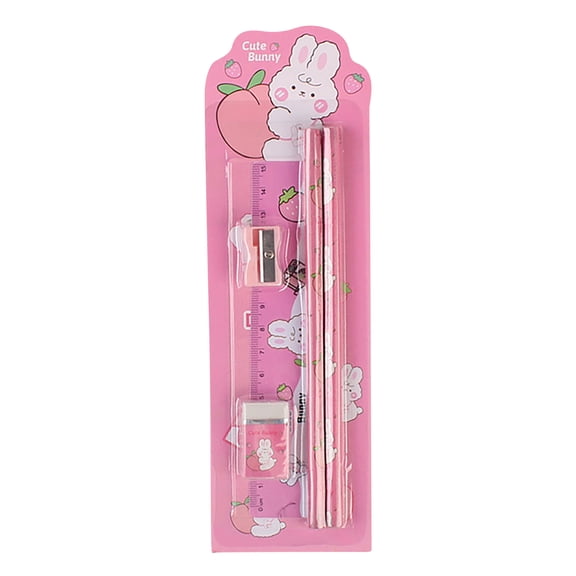 Yhmxh 5 Pieces Stationary Set, Include 3 Pencils, Sharpener, Eraser, Metric Ruler, Office Supplies, Smooth Writing Experience (Pink)