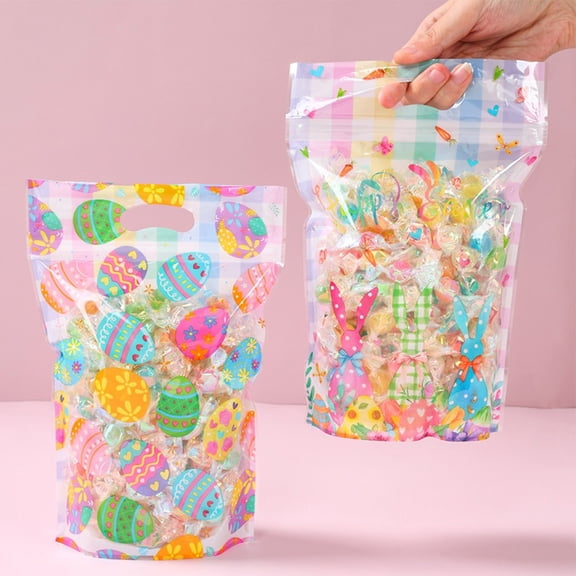 Yhmxh 50 Pcs Easter Plastic Candy Bags Bulk Easter Egg Zip Lock Treat Bags Bunny Goodie Bags with Handle Spring Easter Party Favor Gift Bags for Easter Wedding Birthday Party Supplies