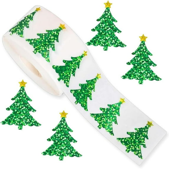 Yhmxh 500Pcs Christmas Tree Stickers Roll 1.2" Laser Green Pine Tree Seal Stickers, Christmas Stickers Santa Claus Tags, Xmas Waterproof Self-Adhesive Decals for Envelope Journal Decor Party Supplies