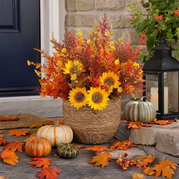 Yhmxh 7 Bundles Artificial Fall Floral Flowers for Outdoors, Mixed Assorted Autumn Plants Picks with Maple Leaves, UV Resistant Thanksgiving Harvest Decor Bouquet Kit for Home Garden Porch Pot