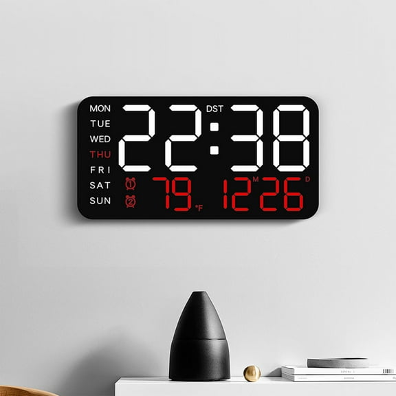 Yhmxh 9.5" Large Digital Wall Clock Timer, USB and Battery Powered, 2 Alarms, LED Display, 8 RGB Color, Auto DST, Temperature for Living Room, Bedroom, Desk, Mounted, Gift for Elderly (Red)